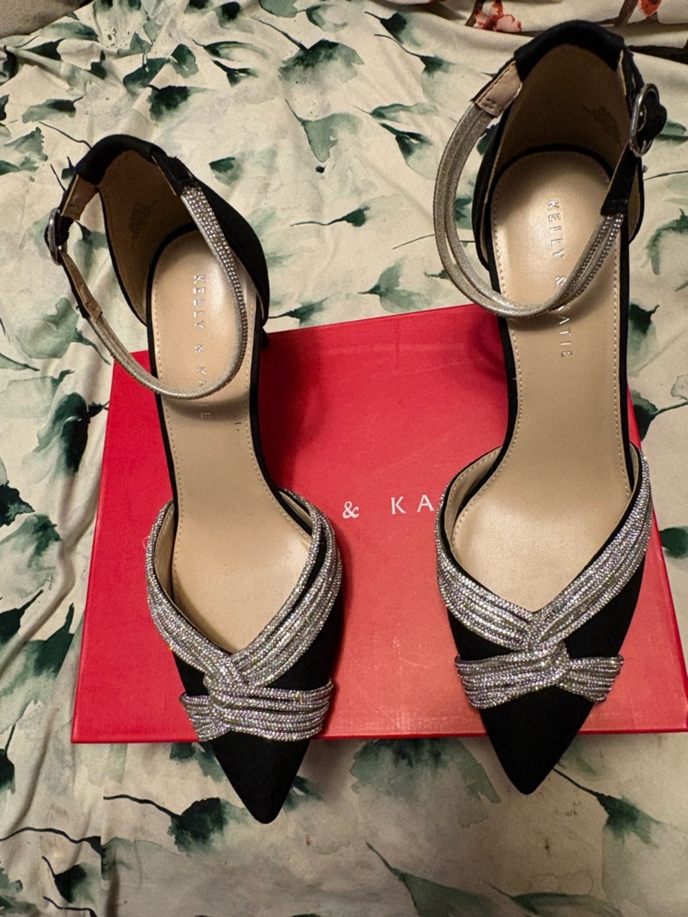 Kelly & Katie Black Pointed-Toe Ankle-Strap Heels with Silver Crystal Accents